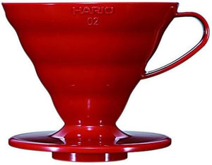 Dripper Hario V60-02 in plastica rossa con manico e base circolare