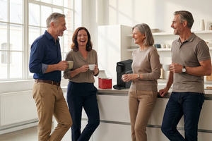 ABBONAMENTO MENSILE UFFICIO ZERO PENSIERI CAPSULE - LA DOLCE VITA: gruppo di persone che gustano caffè in un ambiente di lavoro.