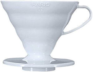 Dripper Hario V60-02 in plastica bianca con manico e base circolare