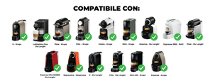 Schema di compatibilità delle capsule con le macchine Nespresso Krups U, Pixie, Citiz, Inissia, Mini ed Essenza e De Longhi Lattissima One, Espressina, Citiz, Mini c50 ed Essenza
