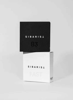 Sibarist CONE coffee filter boxes showing B3 and FAST paper technologies