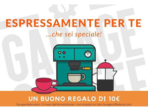 Buono Regalo da 10€ per caffè specialty artigianale di Garage Coffee Bros da usare online entro 12 mesi