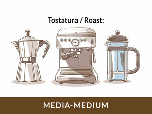 Illustration of three coffee brewing devices under "Tostatura / Roast" showing "MEDIA-MEDIUM" roast level for Miscela Caffè Specialty.