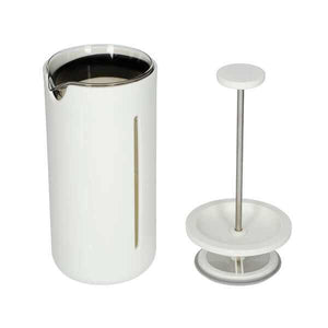 French press U-French di Timemore bianca con stantuffo e filtro a rete estratti a fianco